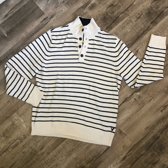 American Eagle Outfitters Other - Mens American Eagle AEO Off White Black Nautical Stripe Mock Neck Sweater Lg